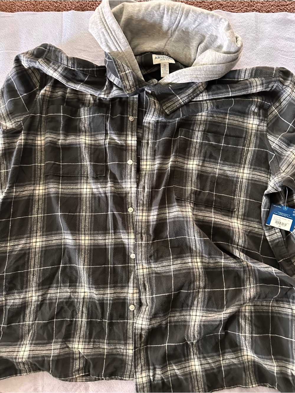 Arizona Jean Company Gray and White Plaid Hooded Button-Down Shirt
